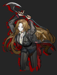 Rule 34 | 1girl, axe, black background, black jacket, black pants, black vest, brown hair, collared shirt, highres, holding, holding axe, jacket, limbus company, long hair, nishikujic, pants, parted bangs, project moon, red nails, rodion (project moon), shirt, sidelocks, simple background, solo, very long hair, vest, white shirt
