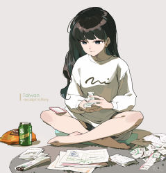 Rule 34 | 1girl, bare legs, barefoot, black hair, blue eyes, can, cellphone, closed mouth, commentary request, crossed legs, cushion, full body, grey background, highres, holding, long hair, long sleeves, nail polish, orange nails, original, paper, phone, resolution mismatch, silver hair, sitting, sitting on person, smartphone, smile, solo, source smaller, sweater, tennohi, white sweater