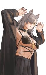 Rule 34 | 1girl, alternate costume, animal ears, arknights, arms up, black jacket, black skirt, blonde hair, breasts, choker, cleavage, cosplay, grey hair, hair over one eye, highres, jacket, large breasts, long hair, mash kyrielight, mash kyrielight (dangerous beast), mash kyrielight (dangerous beast) (cosplay), naixorth, open clothes, open jacket, open mouth, paw pose, penance (arknights), pleated skirt, skirt, solo, stomach, wolf ears, yellow eyes