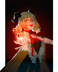 Rule 34 | 1girl, arknights, black dress, blonde hair, breasts, cloak, cowboy shot, demon horns, dress, fire, foreshortening, gradient background, hair between eyes, highres, horns, ifrit (arknights), looking at viewer, medium breasts, medium hair, nail polish, open mouth, orange eyes, outstretched arms, outstretched hand, red background, red nails, simple background, solo, strap, striped clothes, striped dress, twintails, vertical-striped clothes, vertical-striped dress, white cloak, yikouqingcao (douqing)
