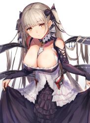 Rule 34 | 1girl, azur lane, bare shoulders, between breasts, black dress, black nails, blush, breasts, cleavage, curtsey, dress, earrings, flight deck, formidable (azur lane), frilled dress, frills, grey hair, hair ornament, hair ribbon, highres, jewelry, large breasts, leaning forward, long hair, long sleeves, looking at viewer, mani chi mt, nail polish, red eyes, ribbon, rigging, simple background, skirt hold, solo, twintails, white background