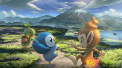 Rule 34 | blue sky, chimchar, cloud, creatures (company), day, game freak, gen 4 pokemon, grass, hands up, happy, highres, hooh lin, jumping, mountain, nintendo, no humans, open mouth, outdoors, piplup, pokemon, pokemon (creature), sky, standing, turtwig, water