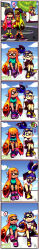 Rule 34 | 1boy, 3girls, 6koma, ^ ^, absurdres, backwards hat, bare legs, baseball cap, beanie, bike shorts, blue eyes, blue sky, blunt bangs, closed eyes, collared shirt, comic, couple, dark-skinned male, dark skin, facing another, fangs, goggles, goggles on head, green eyes, green hair, grin, hair down, hair tie, hand on own cheek, hand on own face, hat, heart, hetero, highres, holding hands, inkling, inkling boy, inkling girl, inkling player character, laughing, layered sleeves, long hair, long image, long sleeves, looking at another, looking away, looking down, looking to the side, multiple boys, multiple girls, nintendo, open mouth, orange hair, outdoors, pavement, plaid, plaid shirt, pointy ears, red hair, shared speech bubble, shirt, shoes, short hair with long locks, short over long sleeves, short sleeves, shorts, signature, sitting, sitting on wall, sky, smile, sneakers, speech bubble, splatoon (series), splatoon 1, spoken heart, standing, tall image, tamarinfrog, teeth, tentacle hair, turtleneck, twintails, wall, white shirt, wing collar, wristband, yellow shirt, yuri