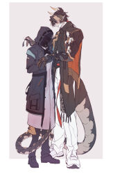 Rule 34 | 1boy, 1girl, absurdres, arknights, arm grab, armor, black cloak, black coat, black footwear, black gloves, black pants, blush, brown hair, chong yue (arknights), cloak, coat, collared cloak, colored extremities, commentary request, doctor (arknights), dragon boy, dragon horns, dragon tail, earrings, female doctor (arknights), full body, gloves, grey background, grin, half gloves, hands up, hetero, high collar, highres, hood, hood up, hooded coat, horns, jewelry, korean commentary, long hair, long sleeves, long tail, looking at another, low ponytail, mask, multicolored hair, open clothes, open coat, pants, pauldrons, pointy ears, red eyes, rerebrace, shoes, shoulder armor, simple background, single glove, single pauldron, smile, sneakers, standing, streaked hair, tail, tail around another&#039;s leg, tail wrap, walhee221, white footwear, white pants
