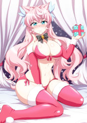 Rule 34 | 1girl, bikini, blue eyes, bow, box, breasts, christmas, commentary request, fur trim, gift, gift box, gloves, hair ornament, large breasts, long hair, looking at viewer, maria cadenzavna eve, mouth hold, navel, pink hair, red gloves, red thighhighs, senki zesshou symphogear, shiny skin, side-tie bikini bottom, sitting, smile, solo, swimsuit, thighhighs, wariza, zetsumu