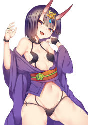 Rule 34 | 1girl, :d, blush, breasts, brown eyes, commentary request, fangs, fate/grand order, fate (series), gluteal fold, hair ornament, highres, horns, japanese clothes, kimono, looking at viewer, navel, obi, oni, open mouth, purple hair, sash, short hair, shuten douji (fate), simple background, skin-covered horns, small breasts, smile, solo, suteba (grzjkbhgf), teeth, thighs, white background