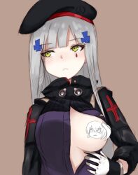 Rule 34 | 1girl, 416 day, beret, black hat, blush, breasts, brown background, censored, character censor, closed mouth, facial mark, fujiwara rein, girls&#039; frontline, gloves, green eyes, grey hair, hair ornament, hat, hk416 (girls&#039; frontline), jacket, long hair, long sleeves, looking away, looking to the side, medium breasts, novelty censor, one breast out, purple jacket, simple background, solo, ump45 (girls&#039; frontline), upper body, white gloves