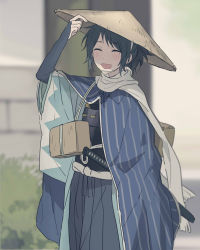 Rule 34 | 10s, 1boy, adjusting clothes, adjusting headwear, armor, black hair, blush, bridal gauntlets, eyebrows, closed eyes, haori, hat, highres, japanese armor, japanese clothes, male focus, mole, mole under eye, open mouth, outdoors, personification, ponytail, scarf, smile, solo, sword, touken ranbu, traditional clothes, upper body, weapon, yamato-no-kami yasusada, yuzudaze
