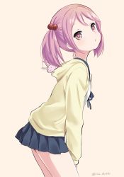Rule 34 | 10s, 1girl, from side, hair bobbles, hair ornament, ica, jacket, kantai collection, parted lips, pink eyes, pink hair, pleated skirt, sazanami (kancolle), school uniform, serafuku, skirt, solo, twintails, twitter username