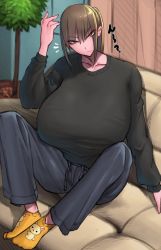 Rule 34 | 1girl, black shirt, breasts, brown eyes, brown hair, cleavage, couch, full body, huge breasts, indoors, jewelry, looking at viewer, original, pants, ponytail, shirt, sitting, socks, solo, sweater, wolffeld price