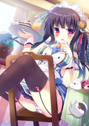Rule 34 | 1girl, :d, animal, bird, black thighhighs, blush, breasts, cake, cup, curtains, doughnut, dress, drinking glass, flower pot, flying, food, garter straps, highres, indoors, juice, kaniya shiku, maid, maid headdress, moe2015, open mouth, original, panties, pantyshot, pastry, pink eyes, pink panties, plant, potted plant, purple eyes, sitting, sleeveless, sleeveless dress, smile, striped clothes, striped panties, table, thighhighs, tray, underwear, wind, window, wrist cuffs