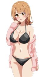 Rule 34 | 1girl, bikini, black bikini, blush, breasts, brown hair, cleavage, commentary request, cowboy shot, dars (recolors), highres, isshiki iroha, jacket, large breasts, long sleeves, looking at viewer, medium hair, navel, pink jacket, simple background, smile, solo, standing, swimsuit, white background, yahari ore no seishun lovecome wa machigatteiru., yellow eyes