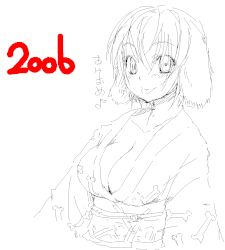Rule 34 | 00s, 1girl, 2006, animal ears, bosshi, breasts, cleavage, dog ears, japanese clothes, large breasts, monochrome, new year, original, red theme, sketch, solo