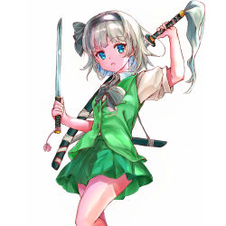 Rule 34 | 1girl, absurdres, arm up, black bow, black bowtie, blue eyes, bow, bowtie, commentary request, cropped legs, green skirt, green vest, hair ribbon, hand on hilt, highres, holding, holding sword, holding weapon, ikazuchi akira, katana, konpaku youmu, looking at viewer, open mouth, pleated skirt, puffy short sleeves, puffy sleeves, ribbon, sheath, shirt, short hair, short sleeves, silver hair, simple background, skirt, solo, standing, sword, touhou, unsheathing, vest, wakizashi, weapon, white background, white shirt