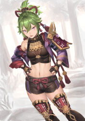 Rule 34 | 1girl, armor, crop top, cropped jacket, fishnet top, fishnets, forest, genshin impact, gloves, green hair, hands on own hips, high ponytail, highres, jacket, konoike (pepe expect), kuki shinobu, linea alba, looking at viewer, midriff, nature, navel, ninja, open mouth, partially fingerless gloves, purple eyes, purple jacket, purple nails, rope, short shorts, shorts, shoulder armor, sidelocks, solo