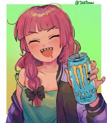 Rule 34 | 1girl, :d, absurdres, black bow, black jacket, black nails, blunt bangs, bocchi the rock!, bow, braid, can, closed eyes, dress, drink can, drooling, energy drink, green dress, hair bow, hair over shoulder, highres, hiroi kikuri, holding, holding can, jacket, jertonn, long hair, long sleeves, monster energy, mouth drool, multicolored clothes, multicolored jacket, open clothes, open jacket, open mouth, purple hair, sharp teeth, single braid, smile, soda can, solo, teeth, twitter username, two-tone jacket, upper body, white jacket