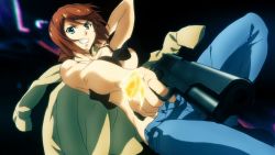 Rule 34 | 1girl, aiming, aiming at viewer, bare shoulders, black shirt, blue pants, breasts, brown hair, crop top, crop top overhang, denim, dutch angle, finger on trigger, foreshortening, glowing, green eyes, grin, groin, gun, handgun, highres, holding, holding clothes, holding gun, holding jacket, holding weapon, jacket, jacket over shoulder, unworn jacket, jeans, large breasts, legs apart, lisa lovelock, lowleg, lowleg pants, m1911, no bra, non-web source, outstretched arm, over shoulder, pants, pistol, screencap, shirt, short hair, smile, solo, taboo tattoo, tank top, underboob, weapon
