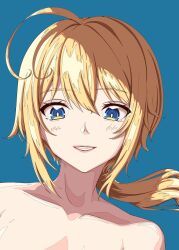 Rule 34 | 1girl, ahoge, amano soraha, assault lily, blonde hair, blue background, blue eyes, bright pupils, collarbone, commentary, grin, hair between eyes, highres, light blush, long hair, looking at viewer, low ponytail, nifu (nixets), nude, parted lips, ponytail, portrait, shade, simple background, smile, solo, white pupils