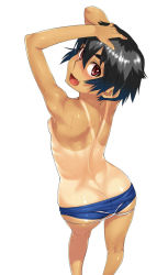 Rule 34 | 1girl, :d, arms up, ass, back, bad id, bad pixiv id, black hair, blush, breasts, butt crack, clothes pull, competition school swimsuit, eyebrows, fang, female focus, flat chest, hands on own head, kneepits, looking back, one-piece swimsuit, one-piece swimsuit pull, one-piece tan, oohara kyuutarou, open mouth, original, red eyes, school swimsuit, shiny skin, short hair, sideboob, simple background, small breasts, smile, solo, sweat, swimsuit, tan, tanline, thick eyebrows, tomboy, wet