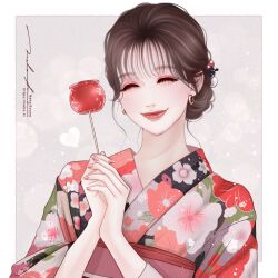 Rule 34 | 1girl, artist name, brown hair, candy, candy apple, closed eyes, earrings, facing viewer, floral print, food, hair bobbles, hair ornament, heart, highres, holding, holding candy, holding food, japanese clothes, jewelry, kimono, lipstick, makeup, naho graphics, original, print kimono, simple background, smile, solo, watermark, web address