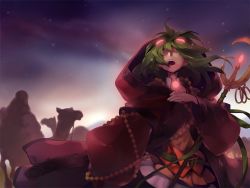 Rule 34 | ahoge, beads, belt, btoor, camel, capelet, dress shirt, glowing, goggles, goggles on head, green hair, gumi, night, open mouth, outdoors, scepter, shaded face, shirt, silhouette, solo focus, vocaloid