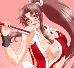 Rule 34 | breasts, brown eyes, brown hair, fatal fury, japanese clothes, long hair, nipples, ponytail, shiranui mai, smile, snk, the king of fighters