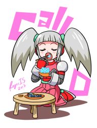 Rule 34 | 1girl, blush, bowl, call (mighty no. 9), call d, chopsticks, dress, eating, closed eyes, fang, food, headphones, joints, long hair, mighty no. 9, robot joints, roger i.s., seiza, silver hair, sitting, solo, table, twintails