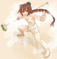 Rule 34 | 1girl, animal ears, bare shoulders, barefoot, bear ears, blush stickers, braid, breasts, broom, character request, emil chronicle online, fighting stance, full body, glasses, kasuga yukihito, long hair, naked towel, open mouth, red hair, semi-rimless eyewear, single braid, small breasts, solo, tile floor, tiles, towel, under-rim eyewear, very long hair, wet, yellow eyes