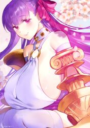 Rule 34 | 1girl, bare shoulders, belt collar, blush, bow, breasts, claw (weapon), claws, collar, fate/extra, fate/extra ccc, fate/grand order, fate (series), hair ribbon, huge breasts, long hair, looking at viewer, o-ring, o-ring top, passionlip (fate), passionlip (third ascension) (fate), pink eyes, pink ribbon, purple hair, ribbon, sentaku nori, sideboob, smile, solo, thighhighs, very long hair, weapon