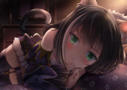 Rule 34 | 1girl, animal ear fluff, animal ears, bare shoulders, black hair, black thighhighs, blush, cat ears, cat girl, cat tail, close-up, closed mouth, commentary request, cowboy shot, detached sleeves, drawer, frilled skirt, frilled sleeves, frills, garter straps, green eyes, indoors, karyl (princess connect!), long hair, long sleeves, looking at viewer, lying, momochi kiruya, multicolored hair, natsushima memo, on side, paw print, pillow, princess connect!, purple skirt, purple sleeves, ribbed shirt, shirt, skirt, sleeveless, sleeveless shirt, solo, streaked hair, tail, tail raised, thighhighs, white hair, white shirt