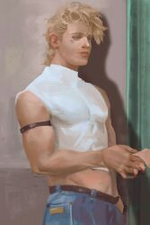 Rule 34 | 1boy, 1girl, battle tendency, belt, blonde hair, blue eyes, caesar anthonio zeppeli, commentary request, crop top, danart14020, denim, facial mark, green eyes, hand grab, highres, jeans, jojo no kimyou na bouken, lips, looking at another, male focus, muscular, muscular male, pants, pectorals, realistic, red nails, shadow, short hair, sleeveless, solo focus