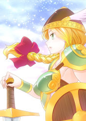 Rule 34 | 1girl, armor, blonde hair, blue sky, bow, braid, breastplate, breasts, commentary request, earrings, from side, green eyes, hair bow, helmet, jewelry, medium breasts, mizuki hitoshi, shield, shoulder armor, sky, solo, sword, upper body, valkyrie (vnd), valkyrie no densetsu, weapon, winged helmet