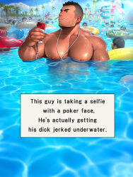 Rule 34 | 6+boys, artisticjinsky, bar censor, bara, black hair, censored, closed mouth, cloud, day, english text, erection, facial hair, highres, large pectorals, male focus, multiple boys, muscular, muscular male, nipples, original, outdoors, paid reward available, partially submerged, pectorals, penis, phone, short hair, sky, testicles, topless male, water
