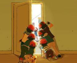 Rule 34 | 6+boys, aged down, all fours, ash ketchum, baseball cap, black hair, blurry, blurry background, child, commentary request, creatures (company), doorway, game freak, gen 1 pokemon, hat, highres, male focus, multiple boys, multiple persona, nintendo, pikachu, pokemon, pokemon (anime), pokemon (classic anime), pokemon (creature), pokemon bw (anime), pokemon dppt (anime), pokemon journeys, pokemon rse (anime), pokemon sm (anime), pokemon xy (anime), short hair, terumin857, time paradox, watch, watching