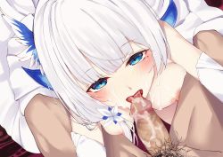 Rule 34 | 1boy, 1girl, azur lane, blue eyes, blush, breasts, breasts out, censored, clothed female nude male, cum, cum in mouth, dress, elbow gloves, feather hair ornament, feathers, fellatio, flower, gloves, hair flower, hair ornament, highres, illustrious (azur lane), illustrious (illustrious ball) (azur lane), indoors, large breasts, licking, licking penis, male pubic hair, mole, mole under eye, mosaic censoring, nipples, nude, oral, penis, pubic hair, sitting, solo focus, suujiniku, tongue, tongue out, veins, veiny penis, white dress, white gloves, white hair