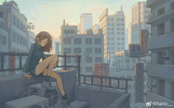 Rule 34 | 1girl, absurdres, artist name, blue shorts, blush, brown hair, building, cityscape, closed mouth, full body, green eyes, hair between eyes, hano 1219, highres, knee up, legs, long hair, long sleeves, looking at viewer, on rooftop, original, rooftop, shorts, sidelocks, signature, sitting, smile, solo