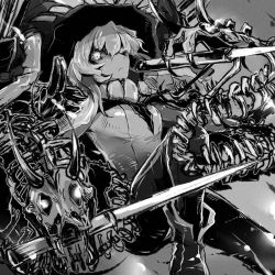 Rule 34 | 10s, 1girl, abyssal ship, bad id, bad twitter id, blade, bodysuit, crossover, enemy tantou, fude (fudeyama), fudeyama (fudeco), gloves, glowing, glowing eyes, greyscale, hat, historical revisionist, jpeg artifacts, kantai collection, long hair, monochrome, skeleton, touken ranbu, wo-class aircraft carrier