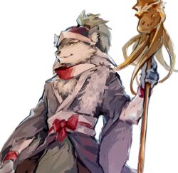 Rule 34 | 1boy, animal ears, armband, badai, blue kimono, bow, character request, closed mouth, furry, furry male, green pants, hakama, hat, highres, holding, holding staff, japanese clothes, kimono, long sleeves, looking at viewer, obi, ore no animism, pants, ponytail, red armband, red bow, red headwear, red scarf, sash, scarf, smile, staff, two-tone scarf, waist bow, white background, white hair, white sash, white scarf, wide sleeves, wolf, wolf ears, yellow eyes