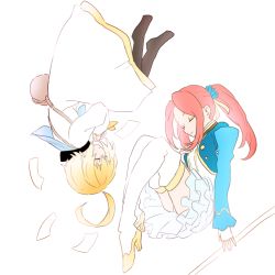 Rule 34 | 1boy, 1girl, ahoge, blonde hair, boots, breasts, dress, eleanor hume, closed eyes, fingerless gloves, flat color, frills, full body, gloves, hair ornament, high heels, jacket, laphicet (tales), long hair, panties, pantyhose, red hair, simple background, spear, tales of (series), tales of berseria, thigh boots, thighhighs, twintails, underwear, weapon, white background