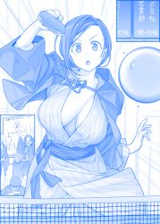 Rule 34 | 1girl, :d, ^ ^, arms up, blue theme, breasts, cleavage, closed eyes, comic, commentary request, flying sweatdrops, getsuyoubi no tawawa, heavy breathing, himura kiseki, japanese clothes, kimono, kouhai-chan (tawawa), large breasts, mole, mole under eye, monochrome, no bra, obi, open mouth, paddle, parted bangs, sash, short hair, silent comic, smile, solo focus, sweat, swept bangs, table tennis paddle, v-shaped eyebrows, yukata