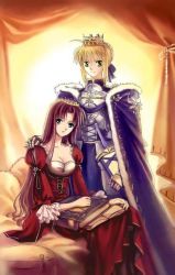 Rule 34 | 00s, 2girls, armor, artist request, artoria pendragon (all), artoria pendragon (fate), blonde hair, blue eyes, book, breasts, brown hair, cape, cleavage, crown, dress, fate/stay night, fate (series), green eyes, guinevere, guinevere (fate/stay night), hair down, hat, long hair, multiple girls, non-web source, saber (fate), wife and wife, yuri
