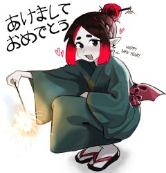 Rule 34 | 1girl, absurdres, black eyes, black hair, colored skin, eleanor (justadrian), english text, fang, fireworks, green kimono, hair bun, happy new year, heart, highres, holding, holding fireworks, japanese clothes, justadrian (yoadriandk), kimono, multicolored hair, new year, pointy ears, red hair, sandals, short hair, smile, sparkler, thick eyebrows, two-tone hair, vampire