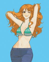 Rule 34 | 1girl, bikini, bikini top only, blue background, commentary, cowboy shot, denim, earrings, hands in own hair, highres, jeans, jewelry, korean commentary, long hair, looking to the side, nami (one piece), one piece, orange hair, pants, ppyobong11, sidelocks, simple background, smile, solo, swimsuit, wavy hair