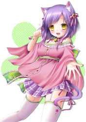Rule 34 | 1girl, :d, animal ears, bell, cat ears, cat tail, collar, fang, garter straps, heart, highres, long sleeves, looking at viewer, neck bell, open mouth, original, outstretched arm, paw pose, plaid, plaid skirt, pleated skirt, poncho, purple hair, purple skirt, ribbon, shitou, simple background, skirt, smile, spread fingers, standing, tail, tail ornament, tail ribbon, thighhighs, white background, white thighhighs, yellow eyes, zettai ryouiki