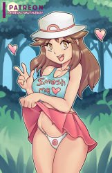 Rule 34 | 1girl, absurdres, belly, breasts, brown eyes, brown hair, creatures (company), eyebrows, game freak, green (pokemon), hat, highres, long hair, matching hair/eyes, nauth, nintendo, open mouth, panties, pokemon, pokemon frlg, shirt, skirt, smile, solo, stomach, underwear
