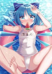 Rule 34 | 1girl, blue bow, blue eyes, blue hair, blush, bow, cirno, doroshii, food, food in mouth, foot out of frame, furrowed brow, hair bow, highres, ice, ice wings, looking at viewer, name tag, one-piece swimsuit, popsicle, school swimsuit, short hair, solo, swimsuit, touhou, white one-piece swimsuit, wings