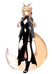 Rule 34 | 1girl, animal ears, black dress, black legwear, blonde hair, boots, breasts, cleavage, commentary request, covered navel, dress, facial mark, fox ears, fox tail, full body, grey jacket, high heel boots, high heels, jacket, konshin, legband, long hair, long sleeves, looking at viewer, medium breasts, navel, original, pelvic curtain, platform footwear, platform heels, simple background, solo, standing, tail, thigh strap, white background, yellow eyes