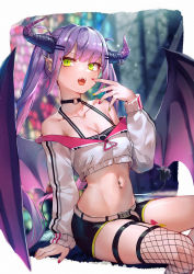 Rule 34 | 1girl, bare shoulders, blush, breasts, choker, cleavage, demon girl, demon horns, demon tail, demon wings, fangs, green eyes, hair ornament, hairclip, highres, hololive, horns, jacket, long hair, looking at viewer, medium breasts, midriff, mr.lime, multicolored hair, navel, open mouth, piercing, pointy ears, purple hair, shorts, solo, tail, tokoyami towa, twintails, virtual youtuber, white jacket, wings