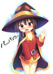 Rule 34 | 10s, 1girl, absurdres, belt, blush, brown hair, cape, child, covering privates, covering crotch, dress, hat, highres, kono subarashii sekai ni shukufuku wo!, looking at viewer, megumin, qkracho (thesdroz), red dress, red eyes, witch hat