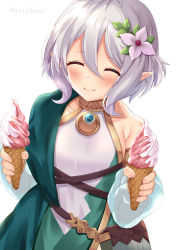 Rule 34 | 1girl, ^ ^, ahoge, asymmetrical clothes, bad id, bad pixiv id, breasts, closed eyes, closed mouth, collarbone, commentary request, covered navel, detached sleeves, dress, elf, facing viewer, flower, food, hair between eyes, hair flower, hair ornament, highres, holding, holding food, ice cream, kokkoro (princess connect!), leaf, long sleeves, multicolored clothes, multicolored dress, pointy ears, pouch, princess connect!, see-through, short hair, silver hair, single bare shoulder, smile, soft serve, solo, twitter username, upper body, white flower, yagiryu